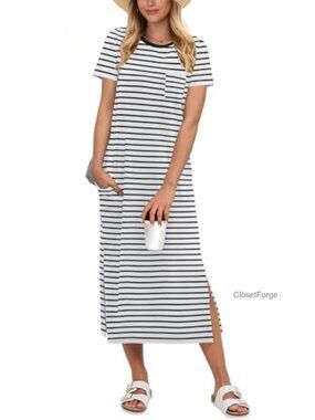 Rayon Blend Midi Dress Summer Casual Short Sleeve Stripe Travel Beach